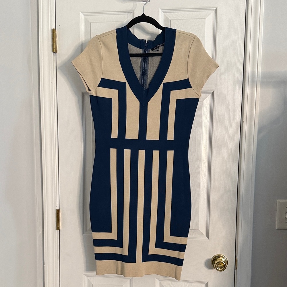 SALE- Elegant Navy and Beige Geometric Dress